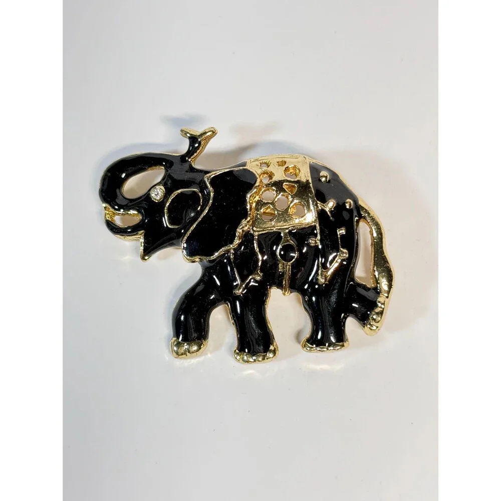 Vintage Black Enamel Elephant Brooch Gold Tone Rhinestone Figural Pin